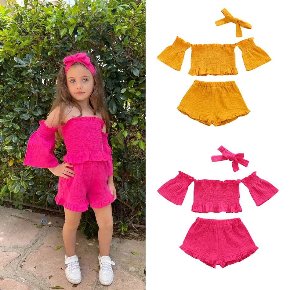 Girls Clothes Infant Baby Girl Kid Off Shoulder Short Sleeve Tops + Belt Shorts + Headband Outfit Sunsuit Kids Clothing Set 1-5Y
Girls Clothes Infant Baby Girl Kid Off Shoulder Short Sleeve Tops + Belt Shorts + Headband Outfit Sunsuit Kids Clothing Set 1-5Y