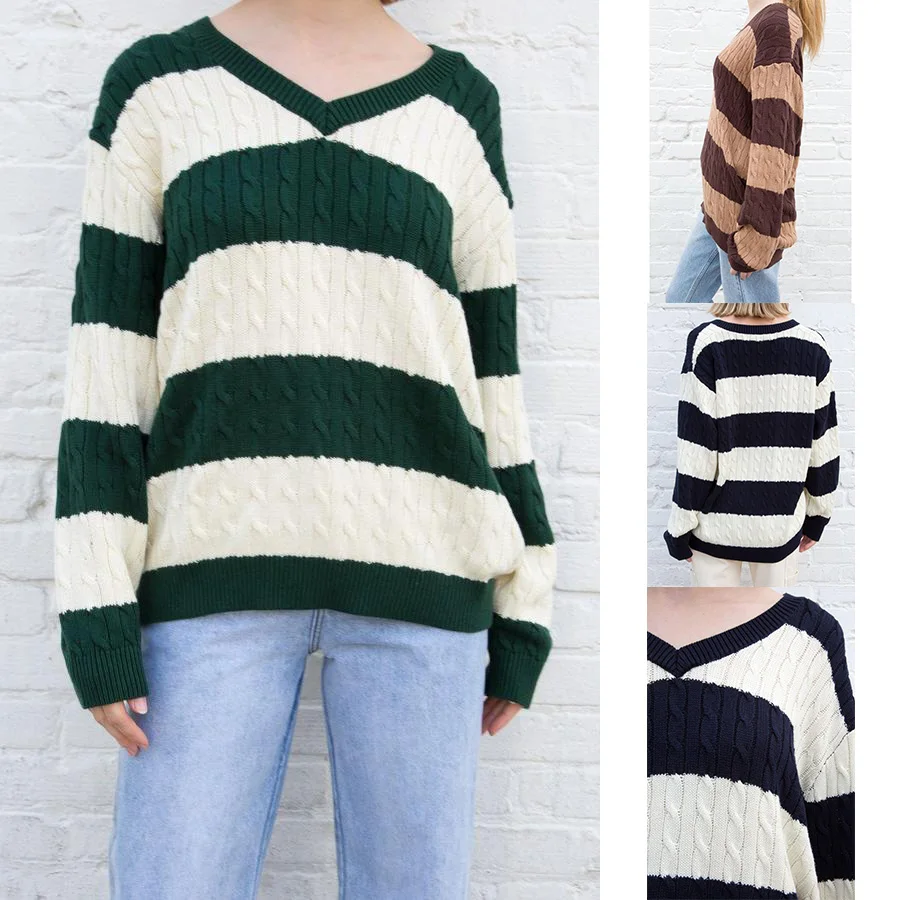 Women's Long V Neck Striped Sweater, Oversized Sweater, Knitted, Striped, Fashion, Autumn, Winter, 2021 
Women's Long V Neck Striped Sweater, Oversized Sweater, Knitted, Striped, Fashion, Autumn, Winter, 2021