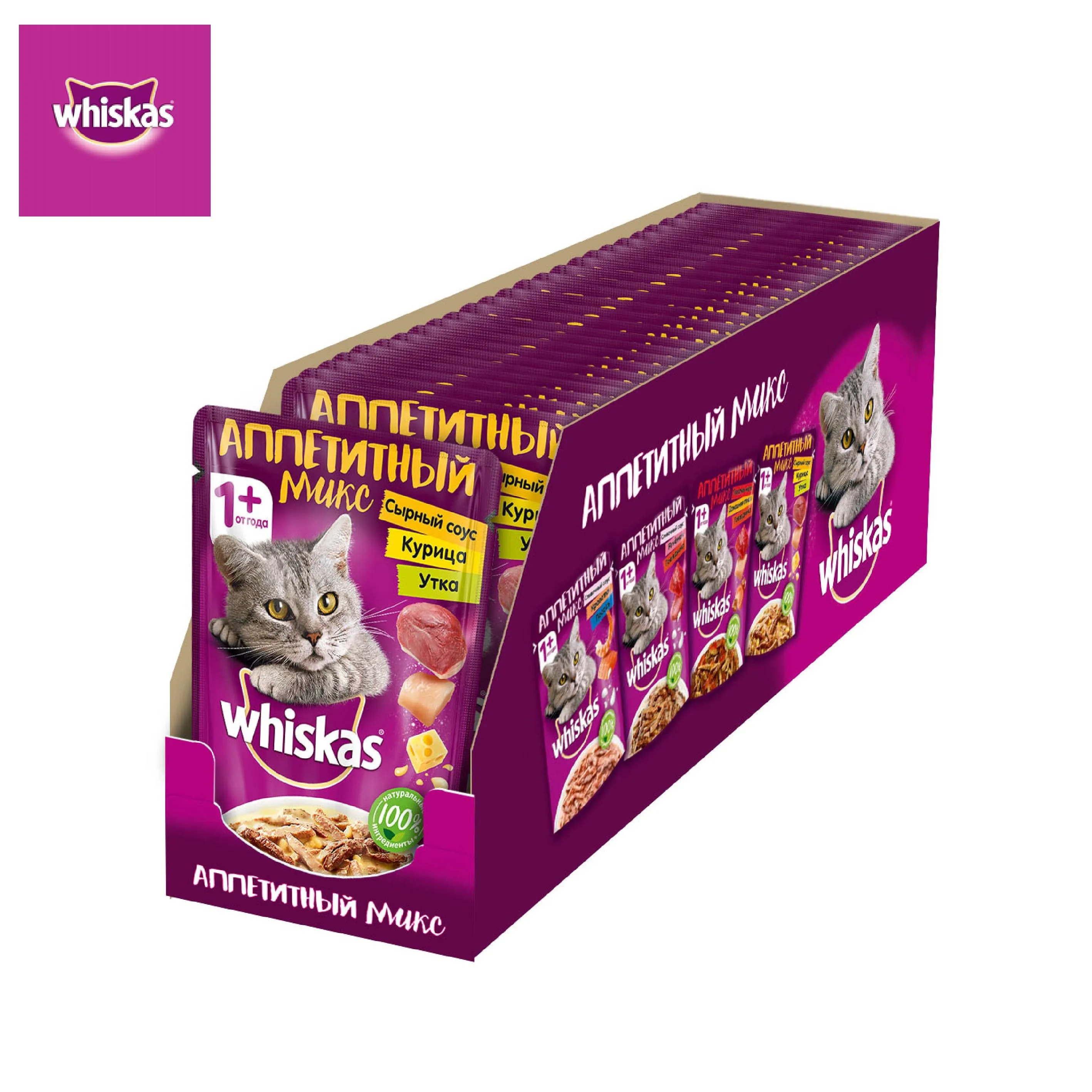 WHISKAS Аппетитный микс курица и утка с сырным соусом 24 шт по 85г|Кошачий мягкий корм| |