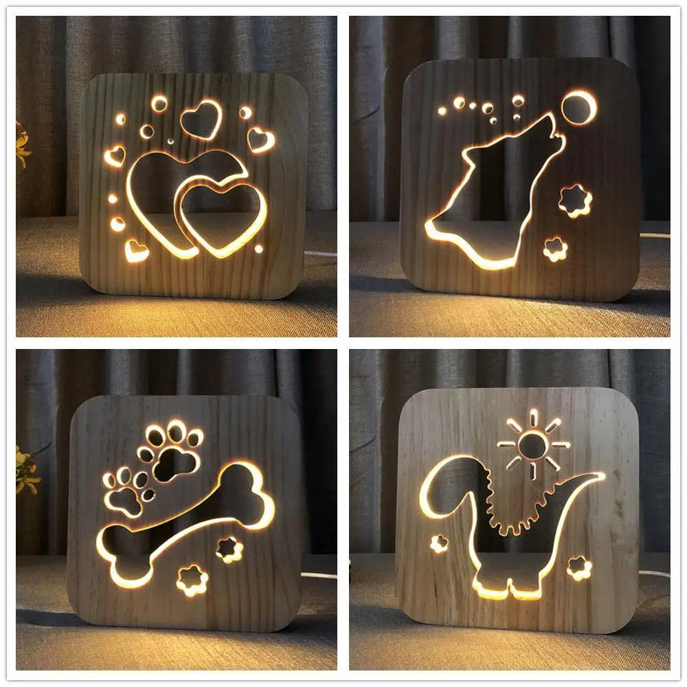 LED 3D Wooden Lamp Warm Light USB Night Lights Wolf Dinosaur Heart Bone Hollow Out Table Lampara Lamp Home Bedroom Decor Lights
LED 3D Wooden Lamp Warm Light USB Night Lights Wolf Dinosaur Heart Bone Hollow Out Table Lampara Lamp Home Bedroom Decor Lights