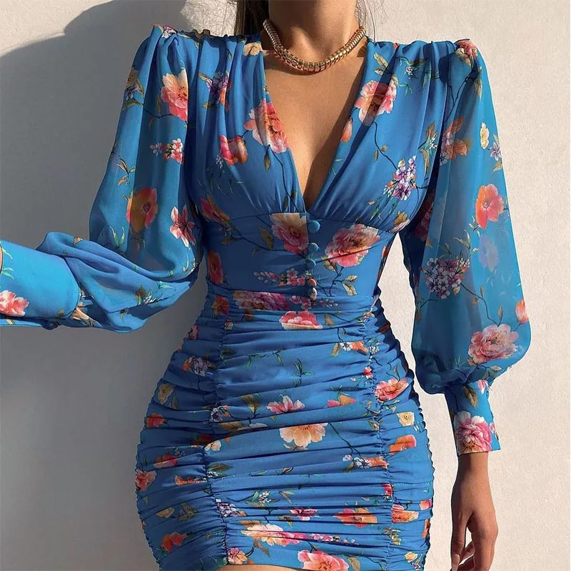 2021 Autumn Casual Women Fashion Long Sleeve Deep V Neck Midi Dress Puff Lantern Sleeve Floral Print Ruched Bodycon Dress
2021 Autumn Casual Women Fashion Long Sleeve Deep V Neck Midi Dress Puff Lantern Sleeve Floral Print Ruched Bodycon Dress