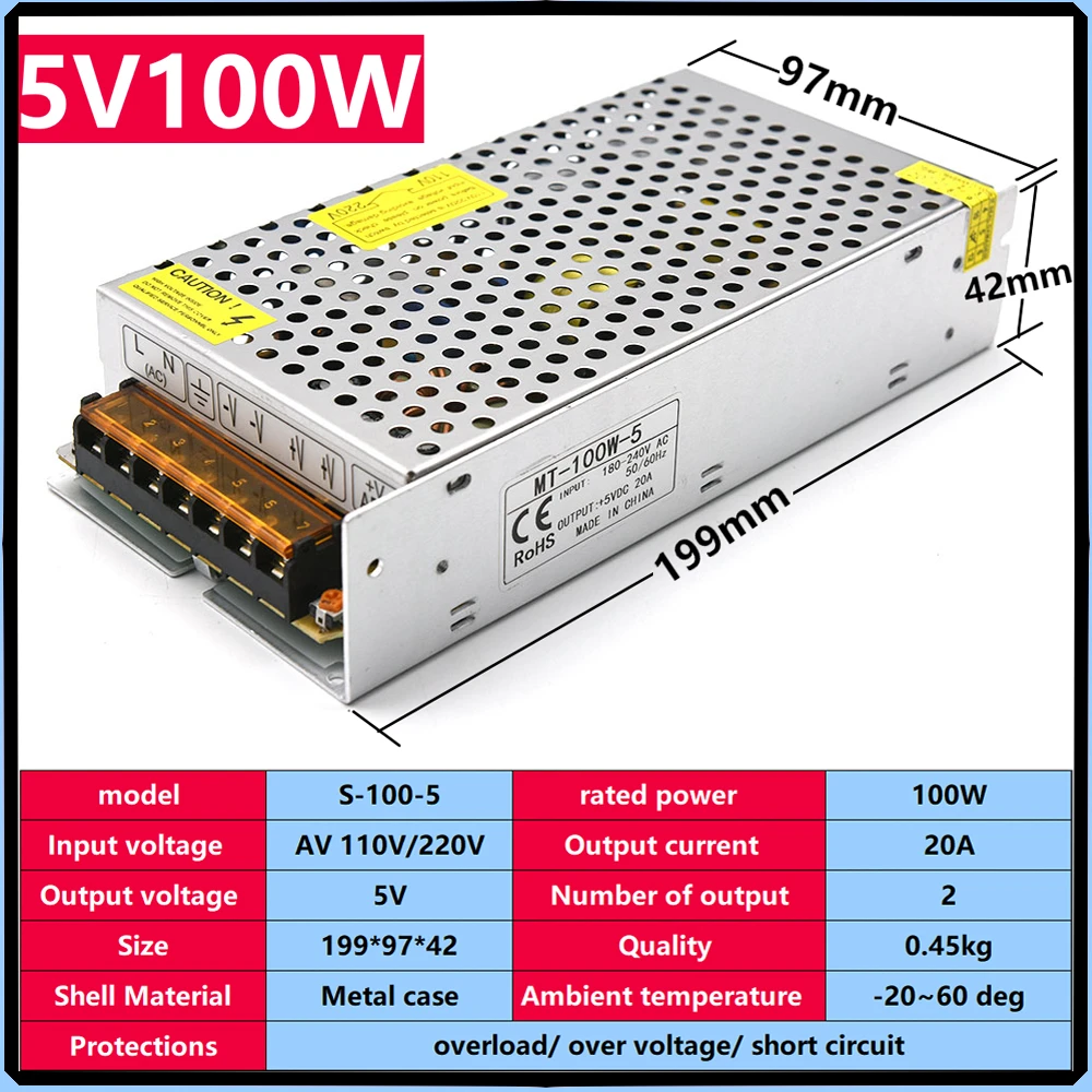 Power Supply Adapter Light Transformers AC 110V 220V To DC 5V 20A For CCTV LED Strip Power Supply Adapter
Power Supply Adapter Light Transformers AC 110V 220V To DC 5V 20A For CCTV LED Strip Power Supply Adapter