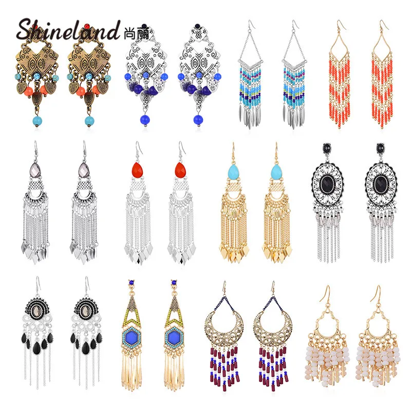 

Shineland Bohemain Long Tassel Beads Drop Dangle Earrings Vintage Statement Ethnic Maxi Brincos for Women Gift Cheap Wholesale