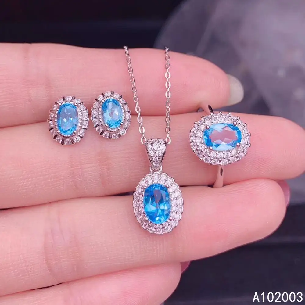 

KJJEAXCMY Fine Jewelry 925 sterling silver inlaid natural blue topaz female ring pendant earring set classic supports test