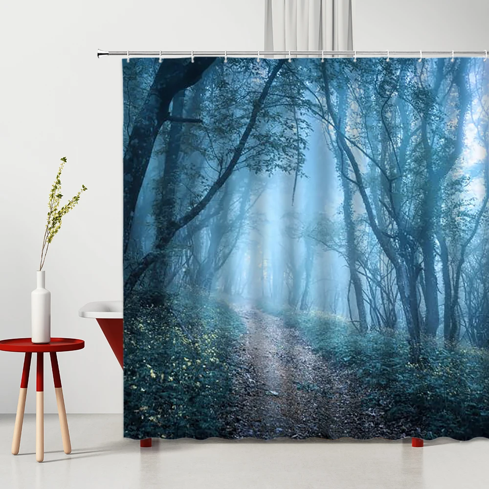 

Forest Shower Curtain Under Heavy Fog Mystical Fantasy Woodland Tall Trees Bushes Cloth Fabric Bathroom Decor Curtains With Hook