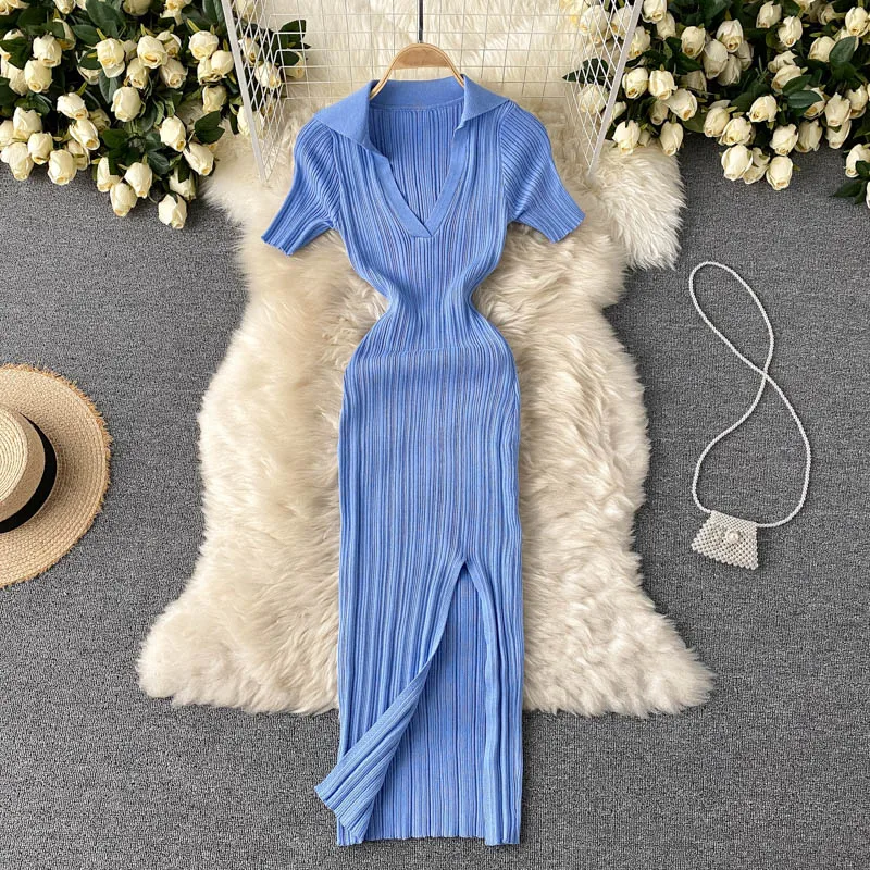 Women Elastic Knitted Sweater Dress V Neck Short Sleeve Sexy Slim Pencil Dresses Summer Korean Bodycon Split Midi Sundress
Women Elastic Knitted Sweater Dress V Neck Short Sleeve Sexy Slim Pencil Dresses Summer Korean Bodycon Split Midi Sundress
