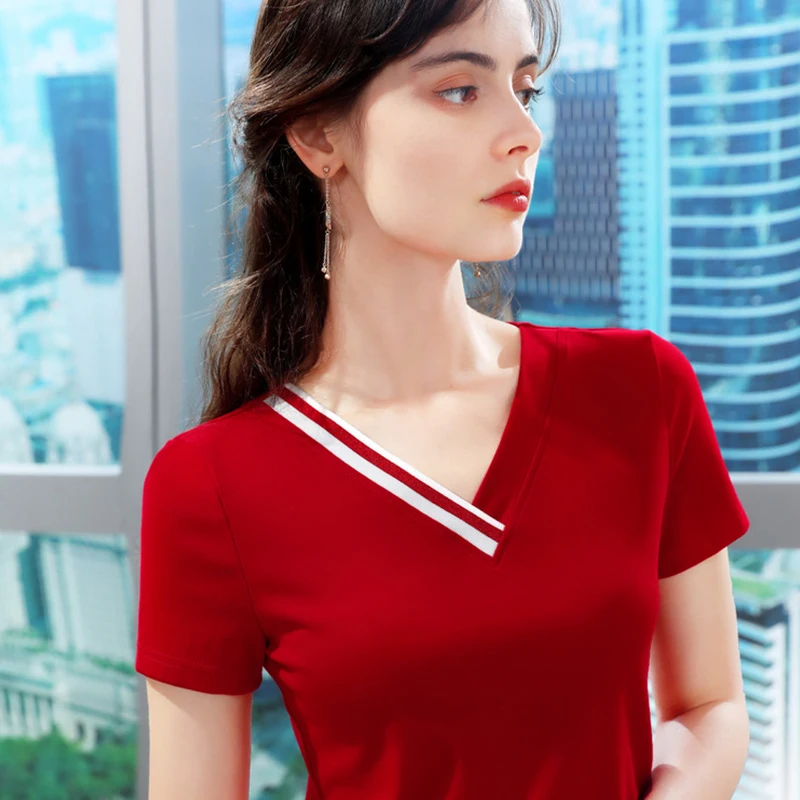 Sexy Trendy Red Women's Summer New Style Short-sleeved Stretch Cotton Stitching V-neck Blouse Thin Section Slim T-shirt
Sexy Trendy Red Women's Summer New Style Short-sleeved Stretch Cotton Stitching V-neck Blouse Thin Section Slim T-shirt