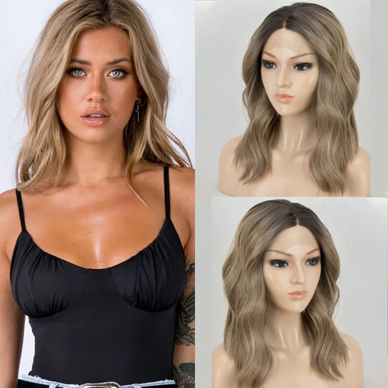 

Scheherezade Ombre Blonde Synthetic Lace Front Wig with Dark Roots Short Wavy Bob Wigs for Women Heat Resistant Cosplay Wig