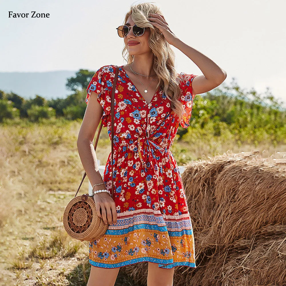 Women's Summer Sundress Bohemian Boho Beach Dress Casual Floral Print V-neck Short Sleeve Bow Bandage A-line Slim Mini Dress
Women's Summer Sundress Bohemian Boho Beach Dress Casual Floral Print V-neck Short Sleeve Bow Bandage A-line Slim Mini Dress