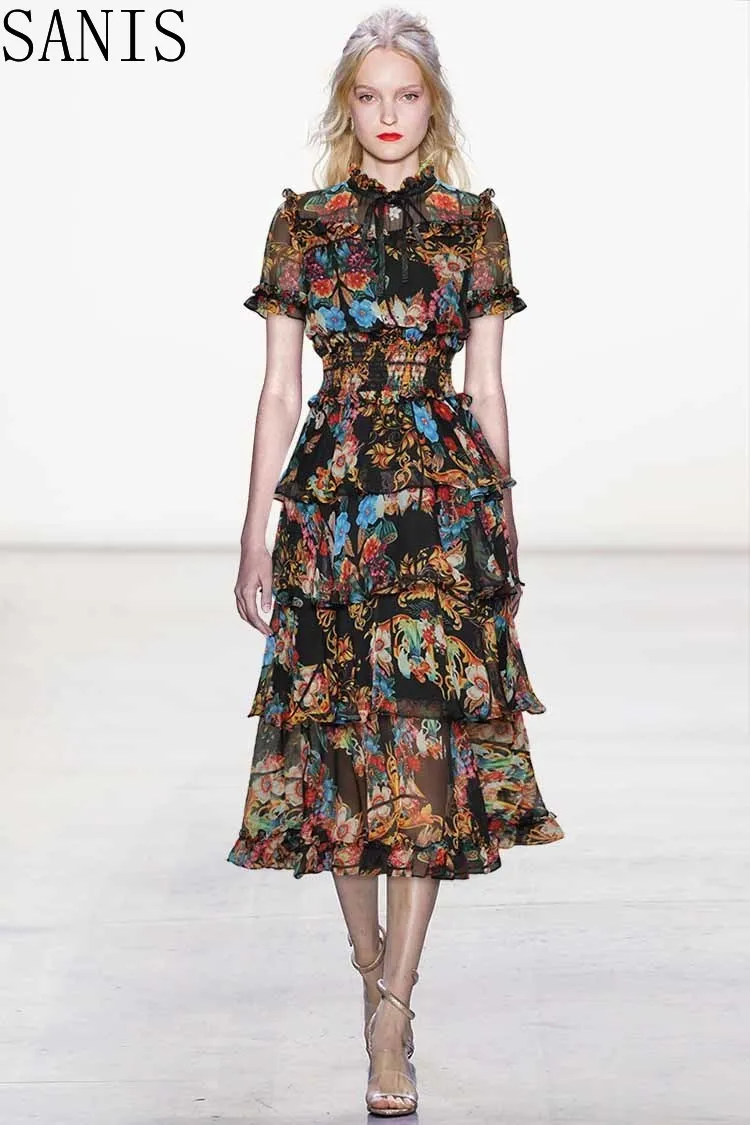 Sanis Fashion Designer Runway dress Summer Women Dress Stand Collar Print Elastic Waist Cascading Ruffle Vintage Dresses 
Sanis Fashion Designer Runway dress Summer Women Dress Stand Collar Print Elastic Waist Cascading Ruffle Vintage Dresses