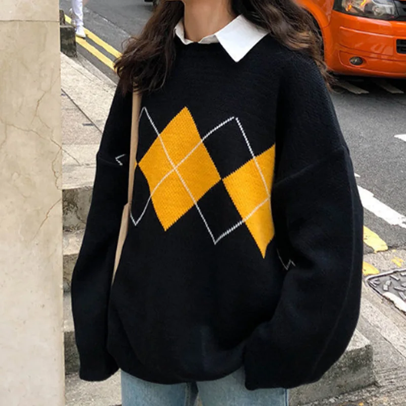 Argyle Knitted Women's Sweaters Geometric Long Sleeve O-Neck Female Pullovers 2020 Autumn Winter Fashion Ladies Loose Jumper
Argyle Knitted Women's Sweaters Geometric Long Sleeve O-Neck Female Pullovers 2020 Autumn Winter Fashion Ladies Loose Jumper