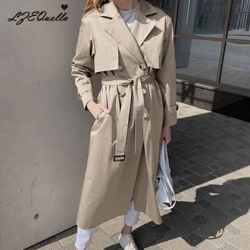 

LZEQuella Causal Light Autumn Women Trench Coat Split Joint Elegant Long Sleeve Coats Korean Chic Outwear with Belt Windbreaker