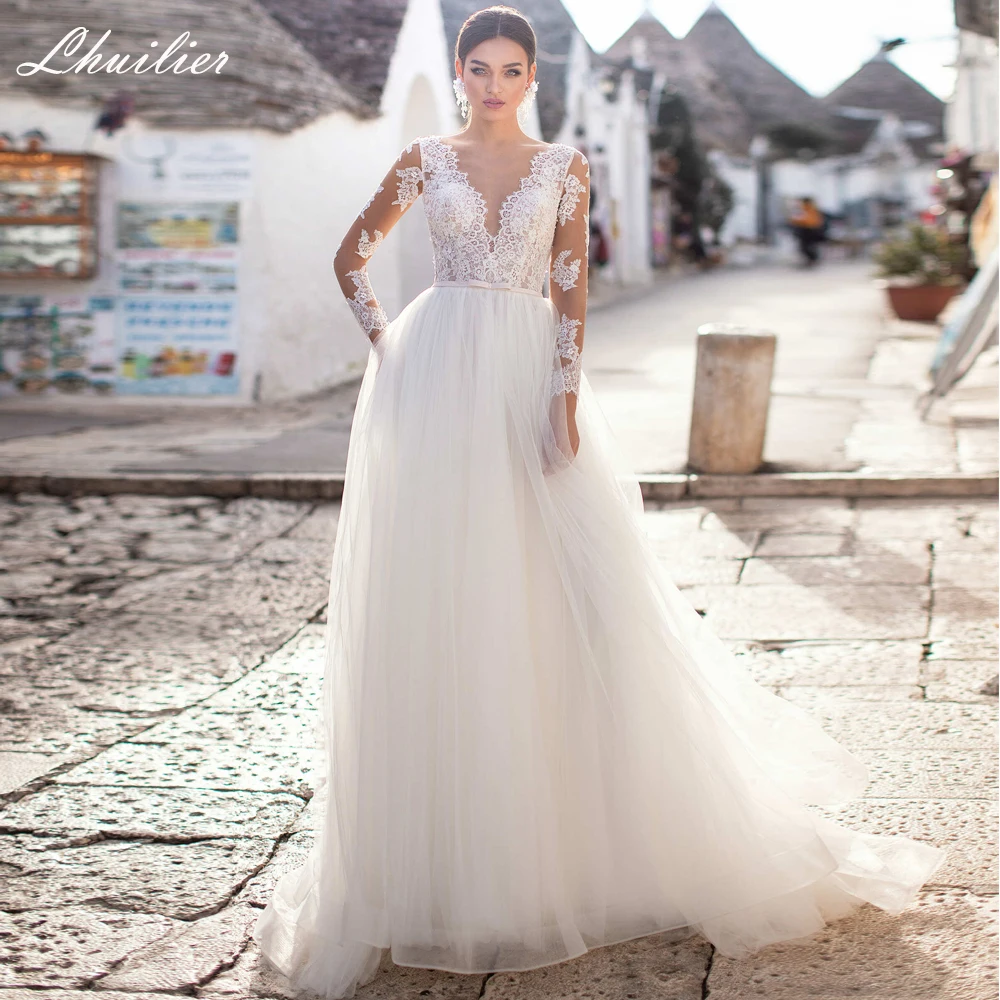 Lhuilier Elegant A Line Boho Lace Wedding Dresses Floor Length Sweep Train Long Sleeves Tulle Beach Bridal Dress
Lhuilier Elegant A Line Boho Lace Wedding Dresses Floor Length Sweep Train Long Sleeves Tulle Beach Bridal Dress