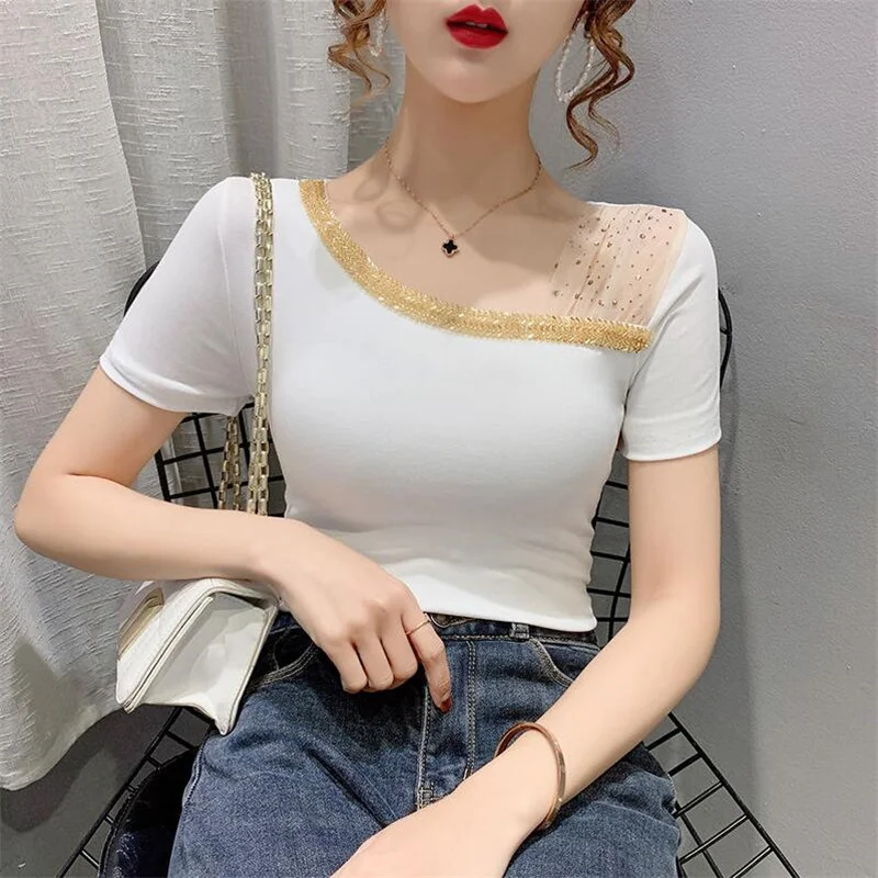 Mesh hot diamond T-shirts ladies summer Tops Sexy short sleeves Thin Slim Tshirt Women's Blases Tees 2021 Women's Blouse
Mesh hot diamond T-shirts ladies summer Tops Sexy short sleeves Thin Slim Tshirt Women's Blases Tees 2021 Women's Blouse