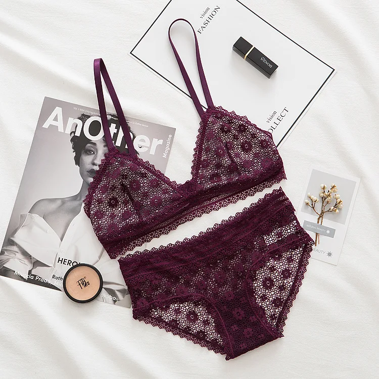 Underwear set Women's Sexy Lace Underwear Suit Women's Rimless French Transparent Lace Bra Underwear Women