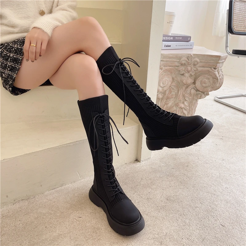 Women Sock Boots Autumn Lace up Mid Calf Boots Female High Platform Sock Shoes Fashion Black Stockings Boots Mid-calf Winter
Women Sock Boots Autumn Lace up Mid Calf Boots Female High Platform Sock Shoes Fashion Black Stockings Boots Mid-calf Winter