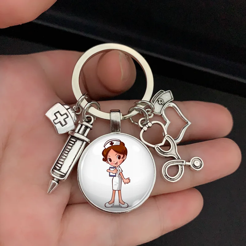

New/high quality 1 piece nurse medical syringe stethoscope image keychain glass cabochon and glass dome key ring pendant gift.