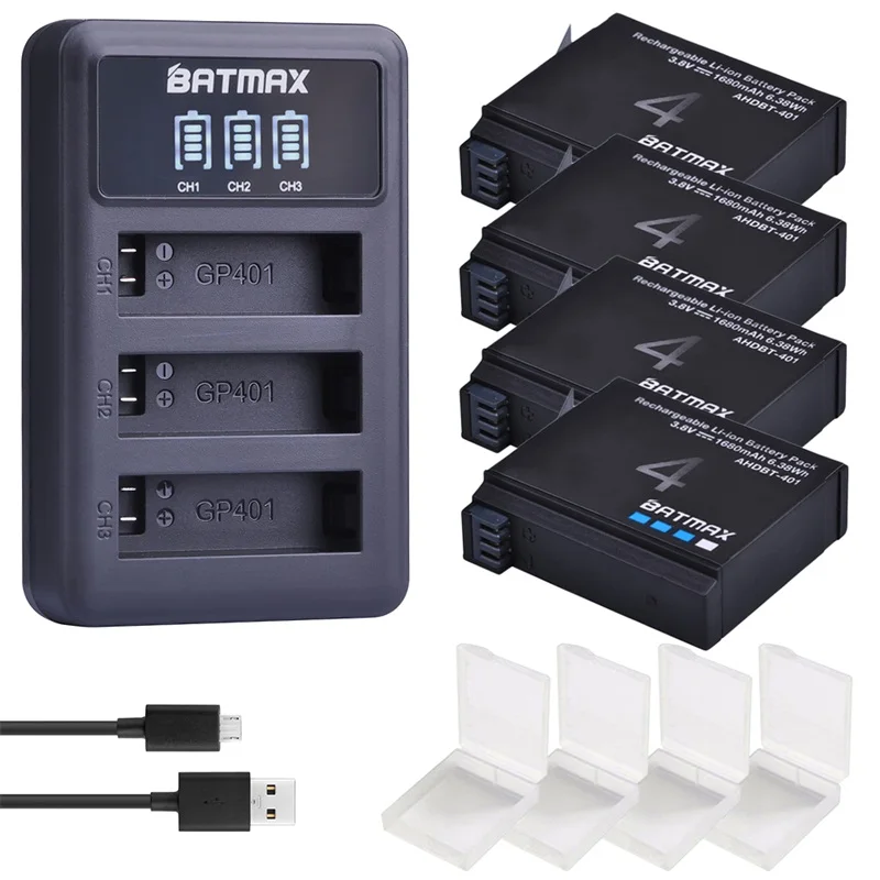 4Pcs 1680mAh Gopro Hero 4 Battery Replacement + LED 3-Slots USB Charger for GoPro HERO4 GoPro AHDBT-401 Action Camera Bateria
4Pcs 1680mAh Gopro Hero 4 Battery Replacement + LED 3-Slots USB Charger for GoPro HERO4 GoPro AHDBT-401 Action Camera Bateria