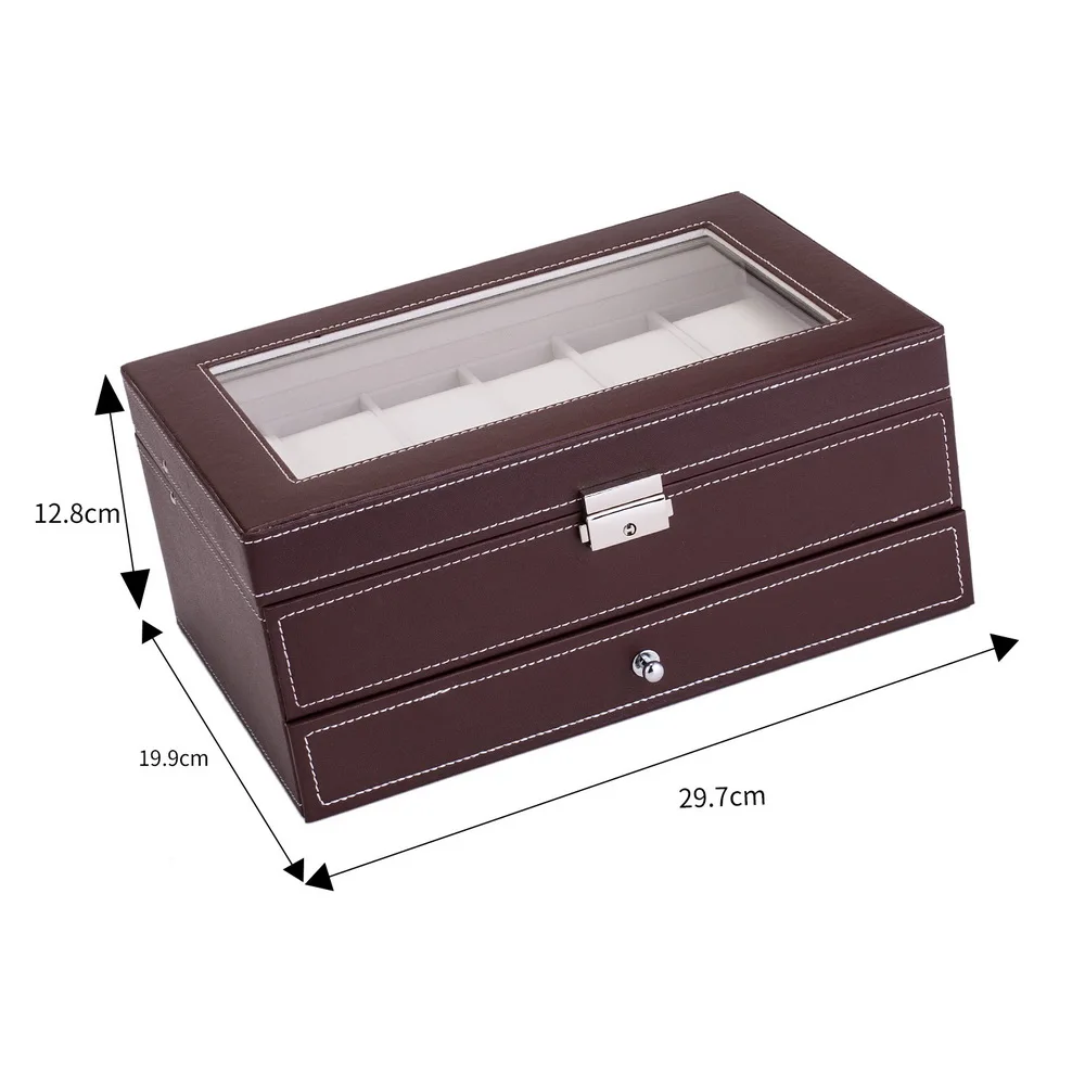 12 Slots Watch Box Mens Watch Organizer Lockable Jewelry Display Case with Real Glass Top Faux Leather Brow H9
12 Slots Watch Box Mens Watch Organizer Lockable Jewelry Display Case with Real Glass Top Faux Leather Brow H9
