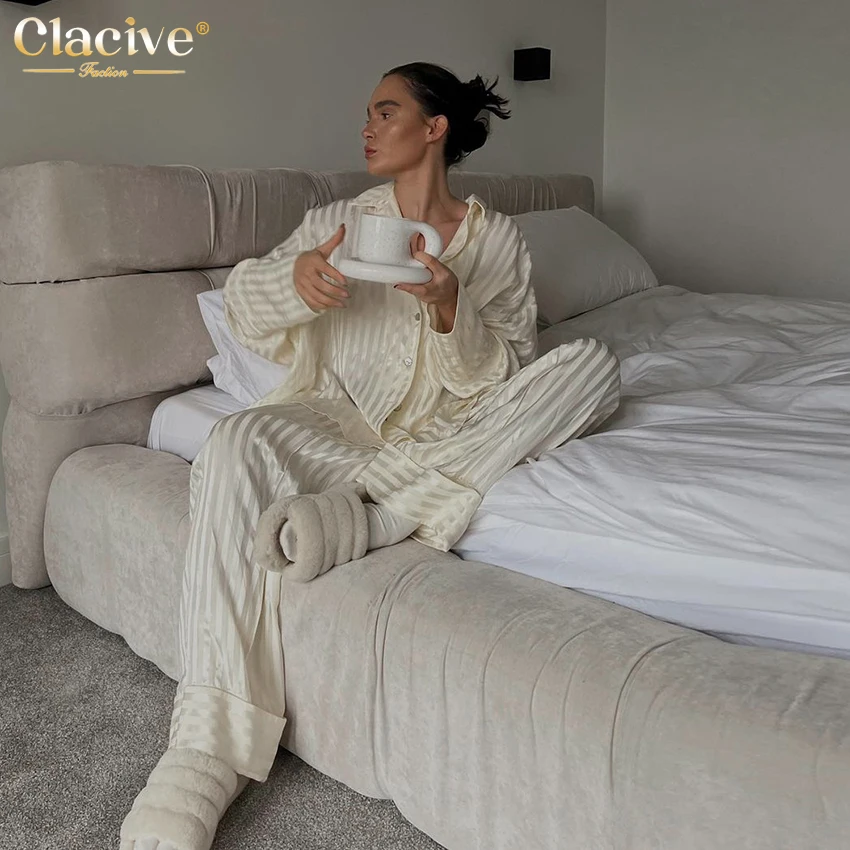 Clacive Casual Loose Home Suits Women Elegant Shirts Two Piece Pants Set Female Fashion Stripe High Waist Wide Trouser Suits
Clacive Casual Loose Home Suits Women Elegant Shirts Two Piece Pants Set Female Fashion Stripe High Waist Wide Trouser Suits