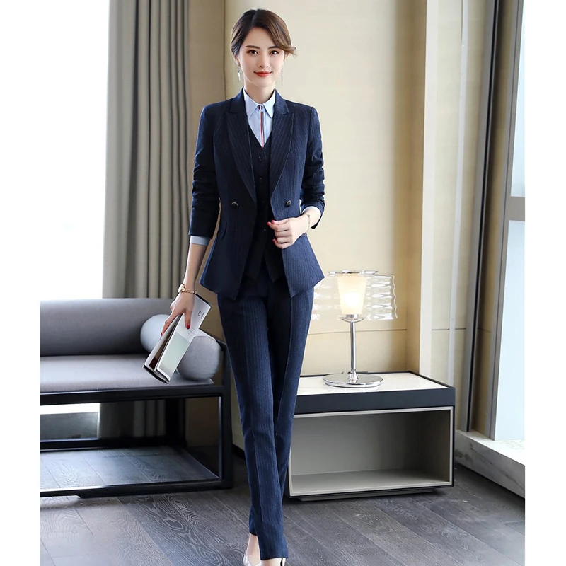 Ladies Business Suits Women Navy Blue Striped Office Work Wear 3 Piece Jackets Vest Pants Sets Female Uniform Designs Blazers
Ladies Business Suits Women Navy Blue Striped Office Work Wear 3 Piece Jackets Vest Pants Sets Female Uniform Designs Blazers