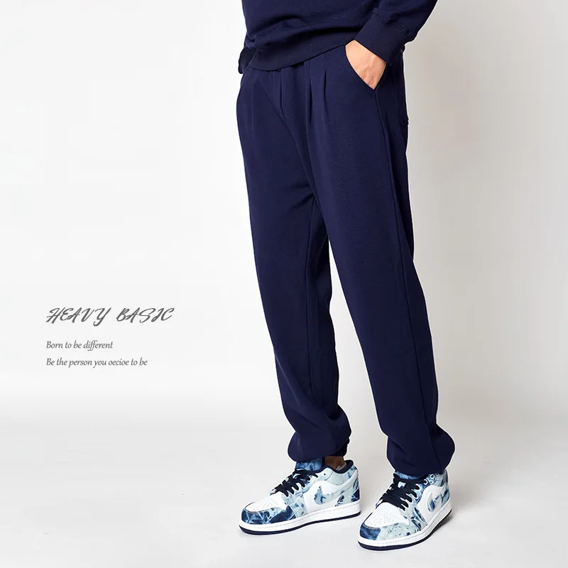 

360g Autumn New Heavyweight Binding Feet Pure Cotton Navy Blue Men's Drape Terry Knitted Casual Loose Sweatpants