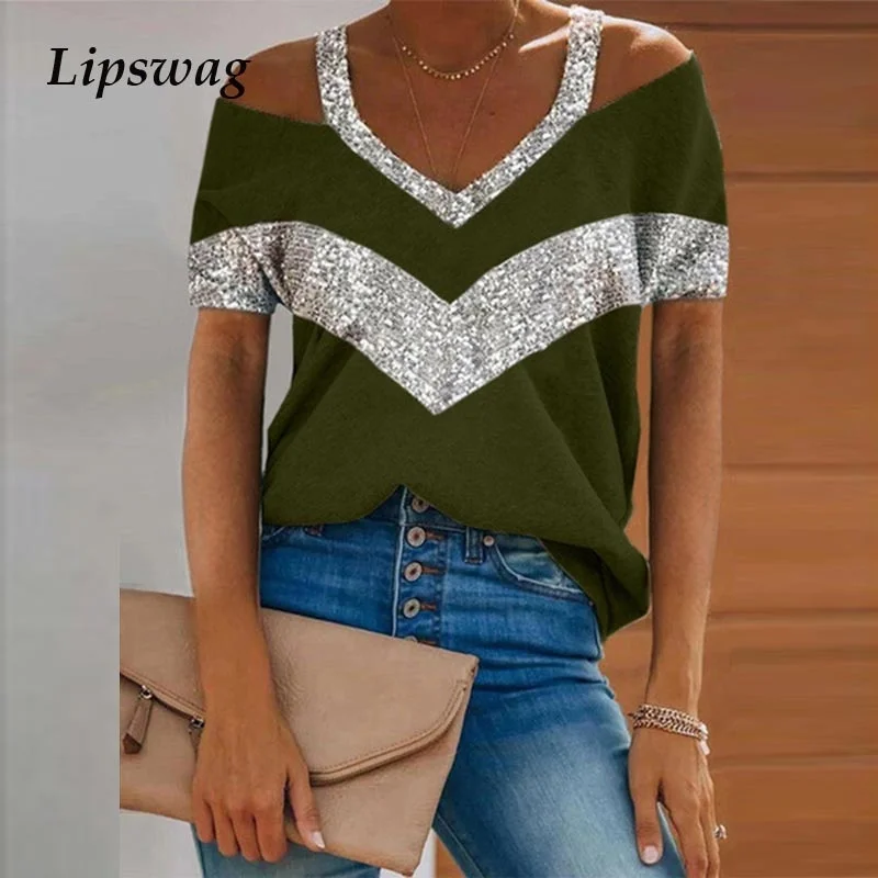 Womens Casual Patchwork Sequin Loose Tops 2021 Summer Short Sleeve Women T Shirt Sexy Off Shoulder V Neck Tee Shirt Streetwear
Womens Casual Patchwork Sequin Loose Tops 2021 Summer Short Sleeve Women T Shirt Sexy Off Shoulder V Neck Tee Shirt Streetwear