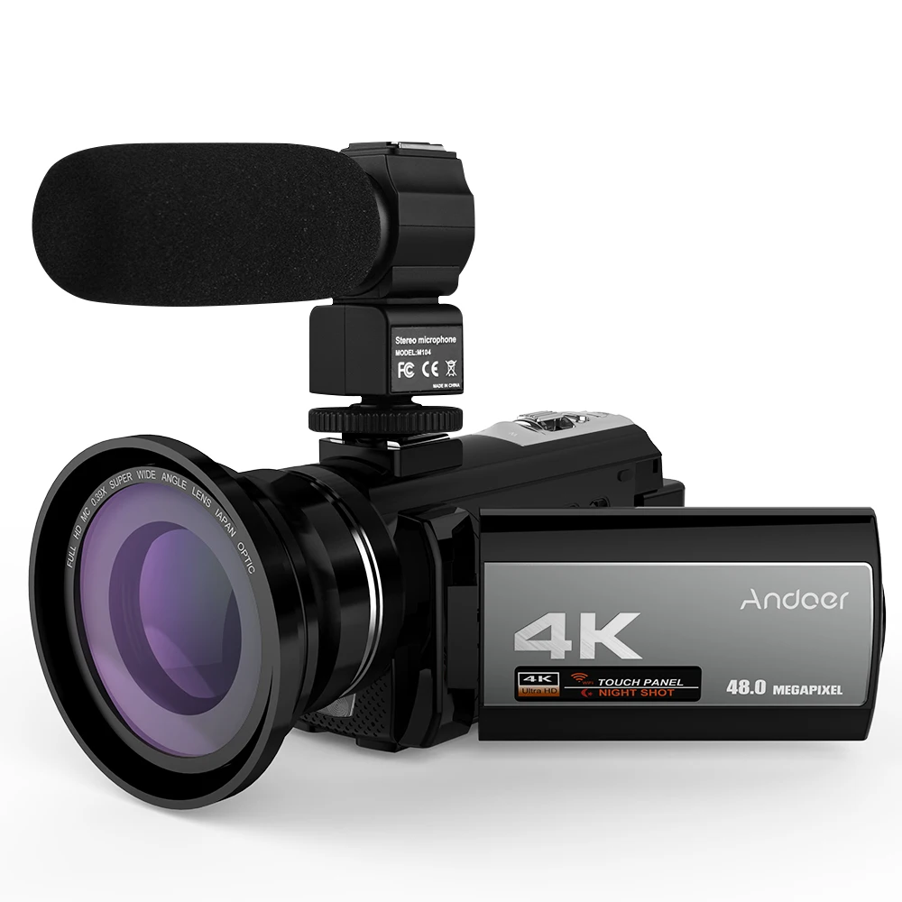 Фото Портативная Домашняя видеокамера Andoer 4K 48MP WiFi цифровая с внешним микрофоном -