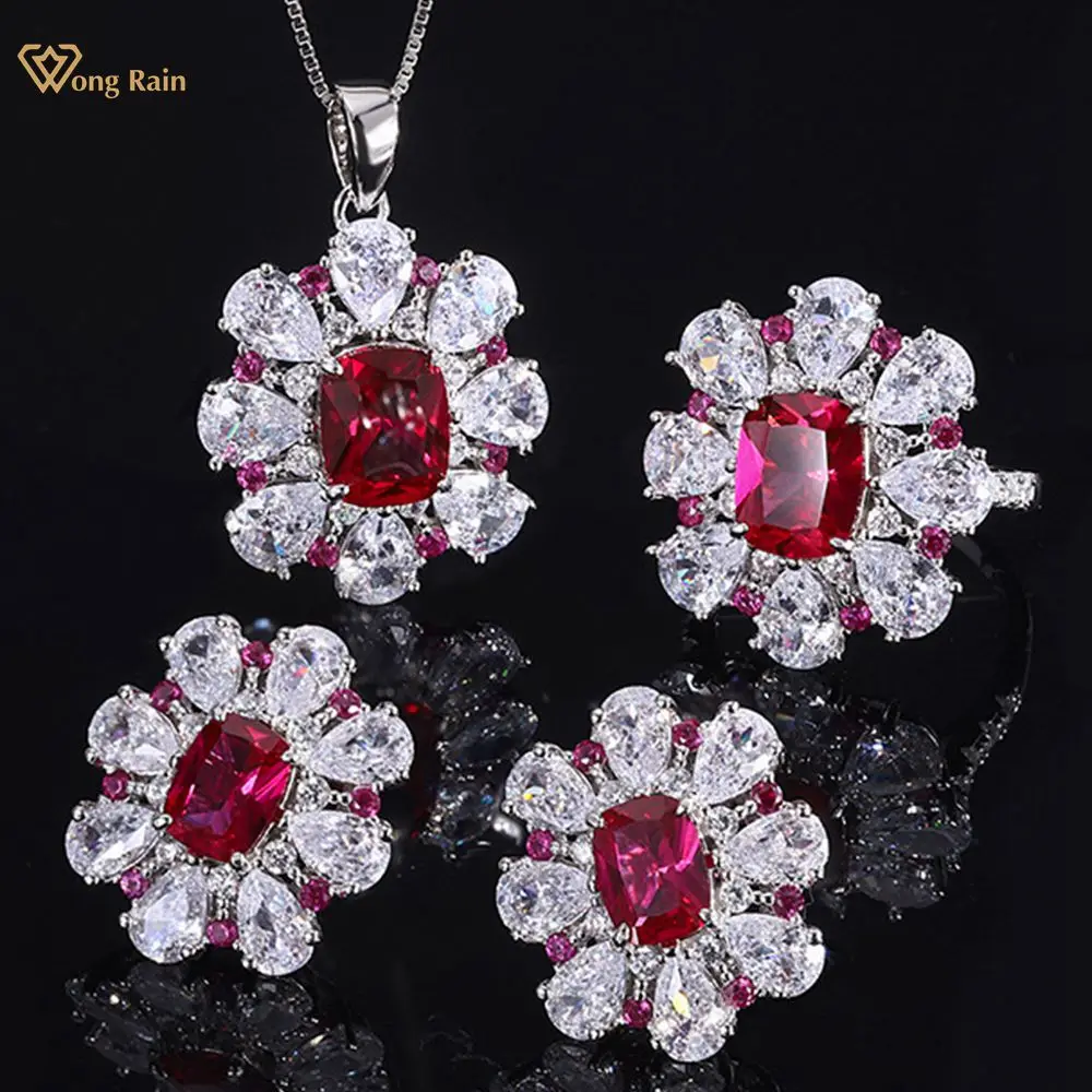 Wong Rain 100% 925 Sterling Silver Flower Ruby Created Moissanite Gemstone Party Ring/Earrings/Pendant/Necklace Jewelry Set Gift
Wong Rain 100% 925 Sterling Silver Flower Ruby Created Moissanite Gemstone Party Ring/Earrings/Pendant/Necklace Jewelry Set Gift