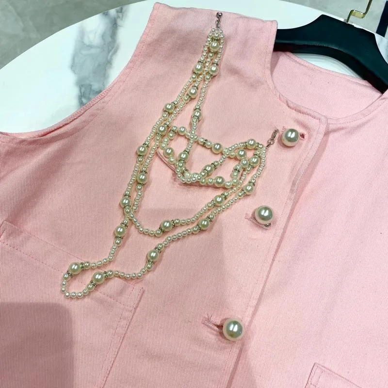 Summer Women Denim Sleeveless Vest Pearls Beading Shorts Two Piece Sets Casual Jeans Top Waistcoat Wide Leg Shorts Outfits Set
Summer Women Denim Sleeveless Vest Pearls Beading Shorts Two Piece Sets Casual Jeans Top Waistcoat Wide Leg Shorts Outfits Set