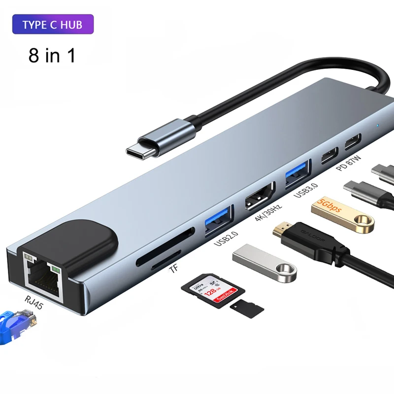 8-IN-1 USB C Hub Type-C To 4K HDMI-Compatible RJ45 USB SD/TF Card Reader PD Fast Charge USB Dock for MacBook Air Pro PC HUB
8-IN-1 USB C Hub Type-C To 4K HDMI-Compatible RJ45 USB SD/TF Card Reader PD Fast Charge USB Dock for MacBook Air Pro PC HUB