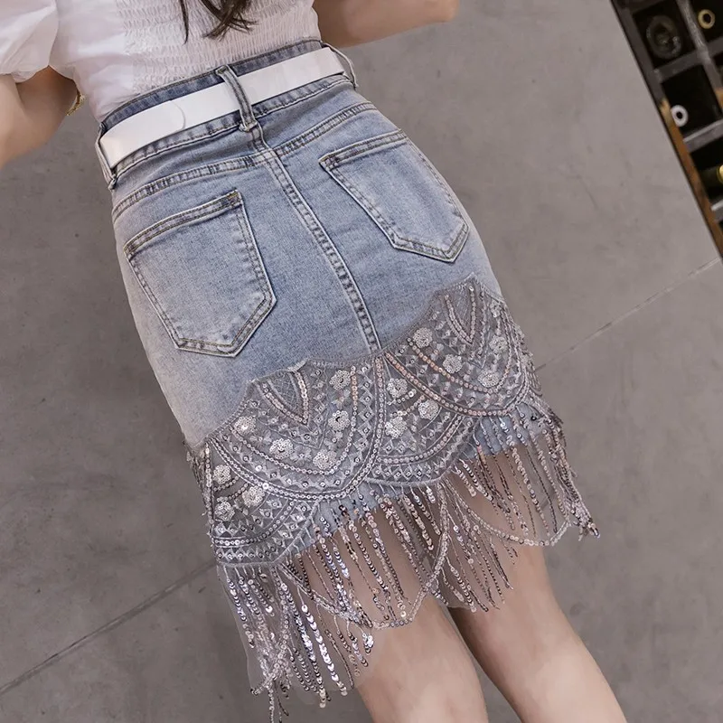 Fashion Casual Summer Denim Skirts Women Street Patchwork Sequined Tassel Shiny Sexy High Waist Straight Skinny Wrap Mini Skirt
Fashion Casual Summer Denim Skirts Women Street Patchwork Sequined Tassel Shiny Sexy High Waist Straight Skinny Wrap Mini Skirt