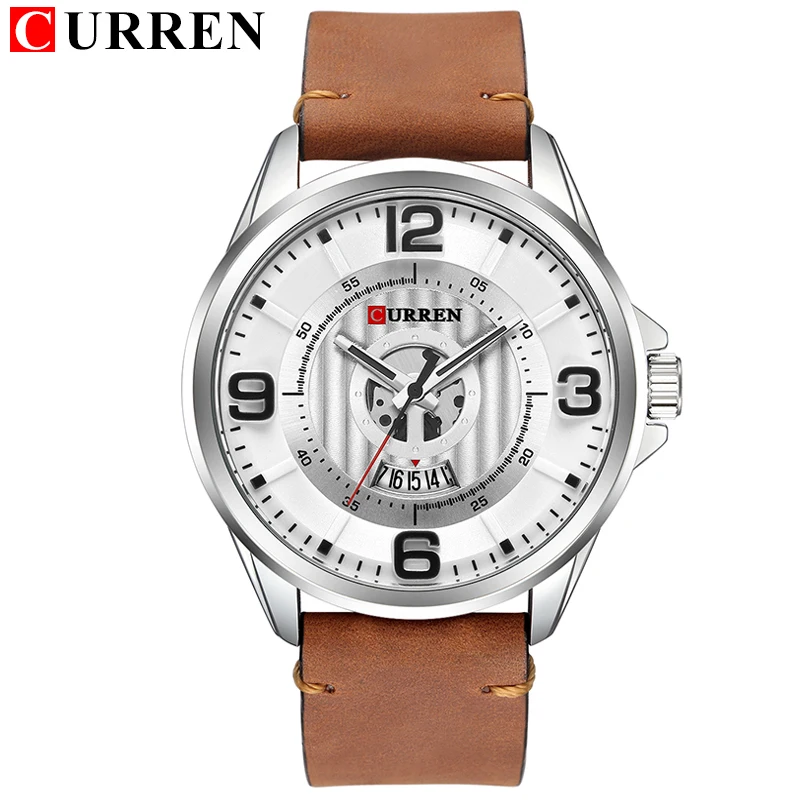 

2021 г., Стильные повседневные мужские наручные часы CURREN с датой, кварцевые наручные часы хорошего качества с коричневым кожаным ремешком, ...