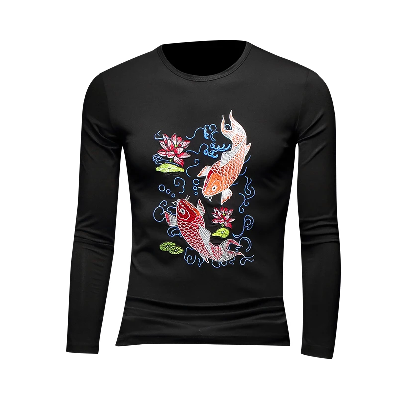 High Quality Men's T-Shirts O-Neck Classic Chinese Designer Lotus Fish Pattern Tee Shirt Full Sleeve Clothing 1901
High Quality Men's T-Shirts O-Neck Classic Chinese Designer Lotus Fish Pattern Tee Shirt Full Sleeve Clothing 1901