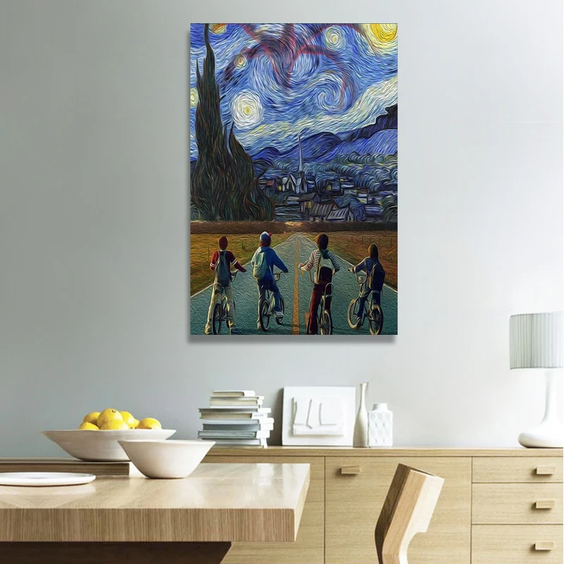 

Blue Starry Sky A Group of Boys Ride Bicycles Posters and Prints Canvas Paintings Wall Art Pictures for Living Room Decor