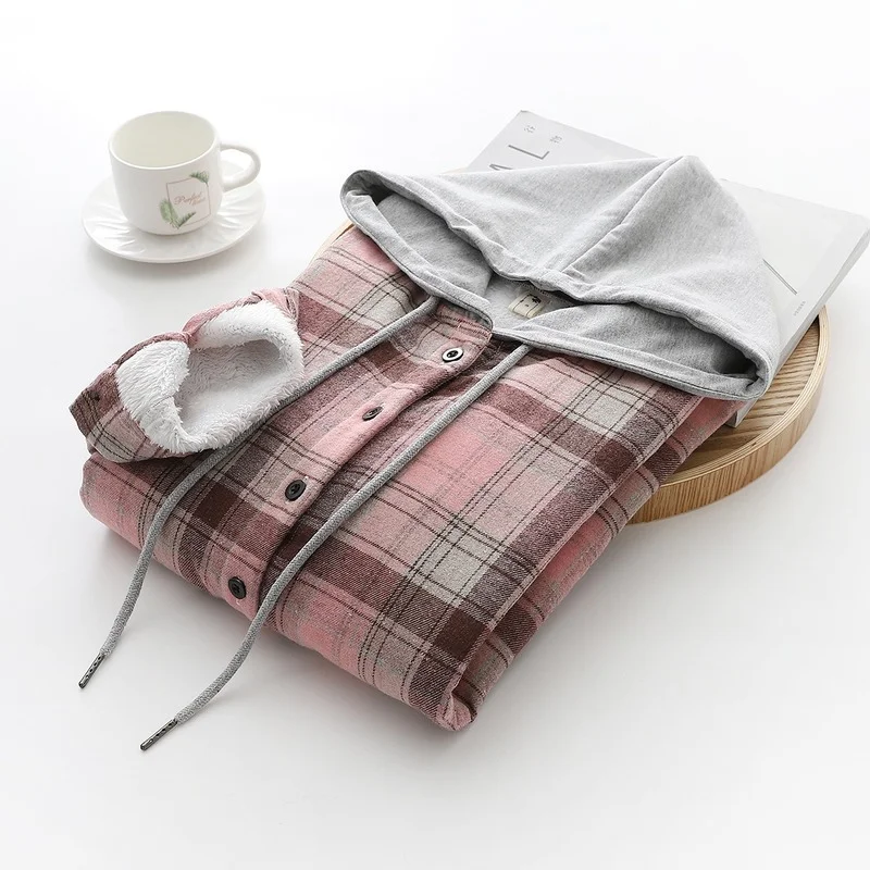 Hooded Fleece Brushed Plaid Shirt Women Blouses Autumn Winter Vintage Lazy Style Long Sleeve Loose Clothing Female Warm Outwear
Hooded Fleece Brushed Plaid Shirt Women Blouses Autumn Winter Vintage Lazy Style Long Sleeve Loose Clothing Female Warm Outwear
