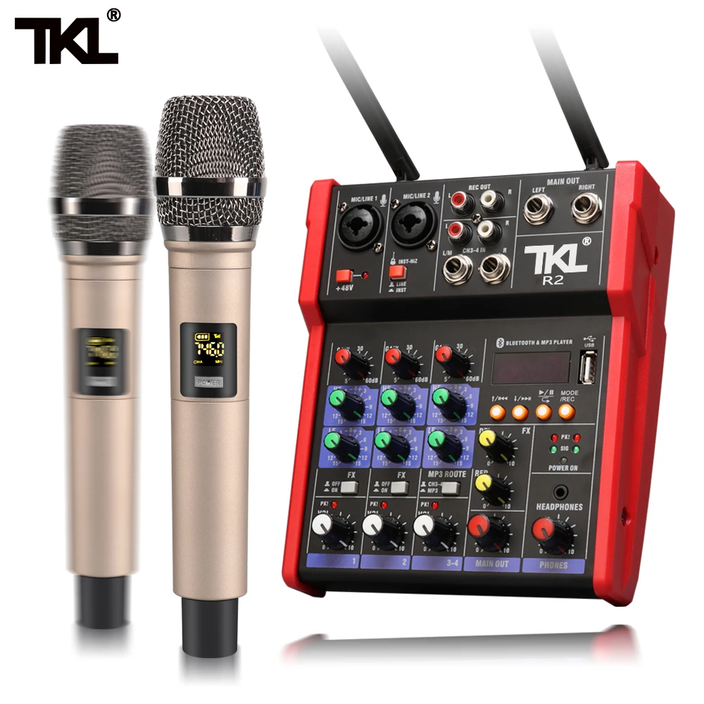 TKL аудио микшер UHF микрофон Bluetooth USB DJ звуковая микшерная консоль 4 канала 48 В