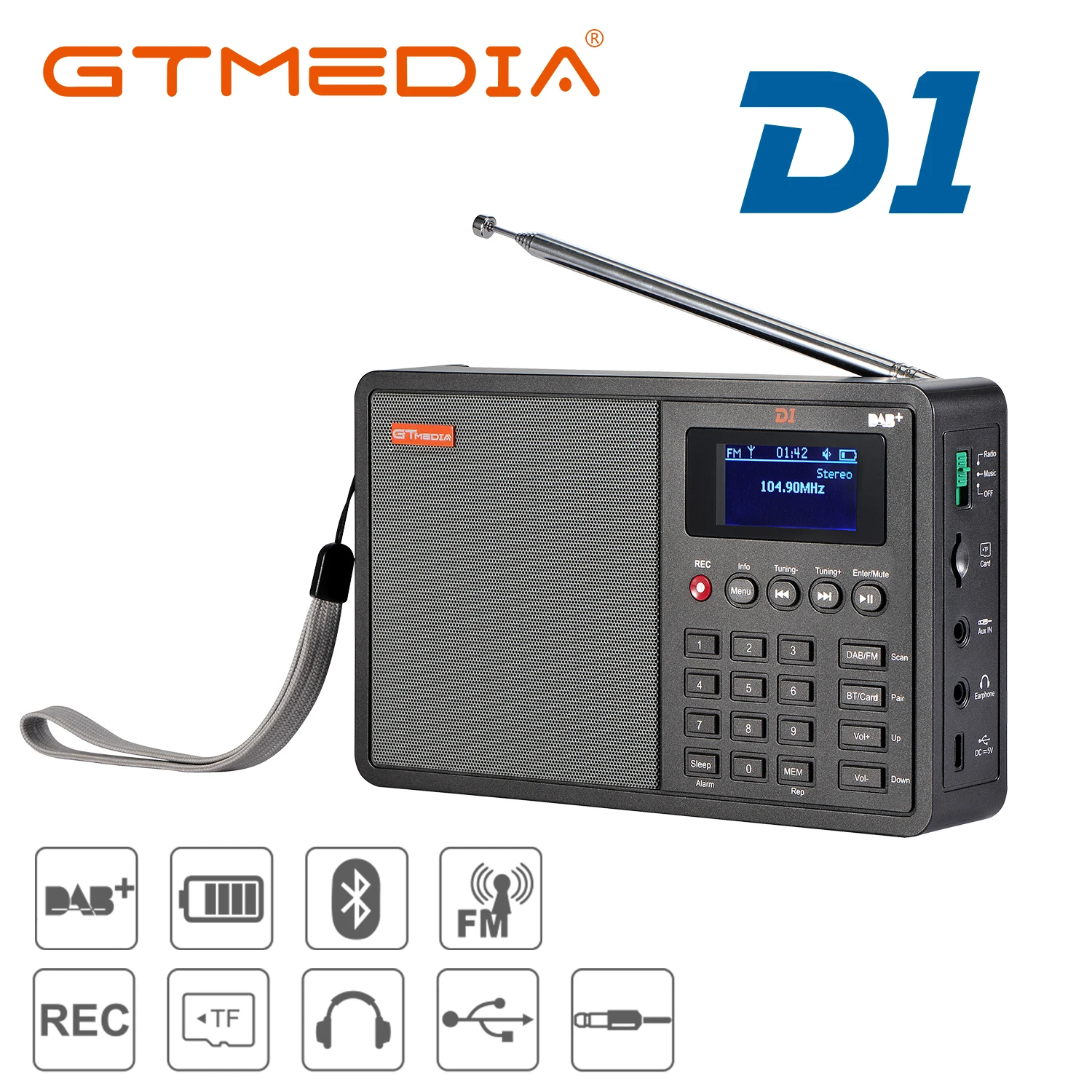 GTMEDIA D1,FM Radio,Bluetooth DAB+/FM+BT/TF Card/AUX,1.8 Inch LCD Display,DAB Radio Speaker,With 18650 Lithium Battery Radio
GTMEDIA D1,FM Radio,Bluetooth DAB+/FM+BT/TF Card/AUX,1.8 Inch LCD Display,DAB Radio Speaker,With 18650 Lithium Battery Radio