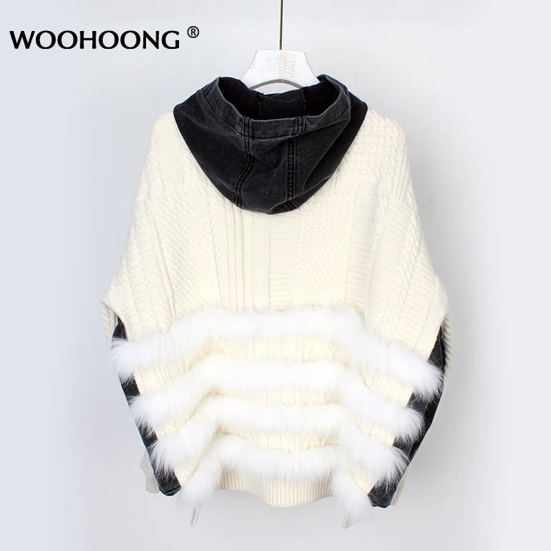 

Autumn New Knit Sweater Stitching Denim Jacket Natural Fox Fur Coat Leather Grass Coat Horizontal Stripes Bat Version Loose