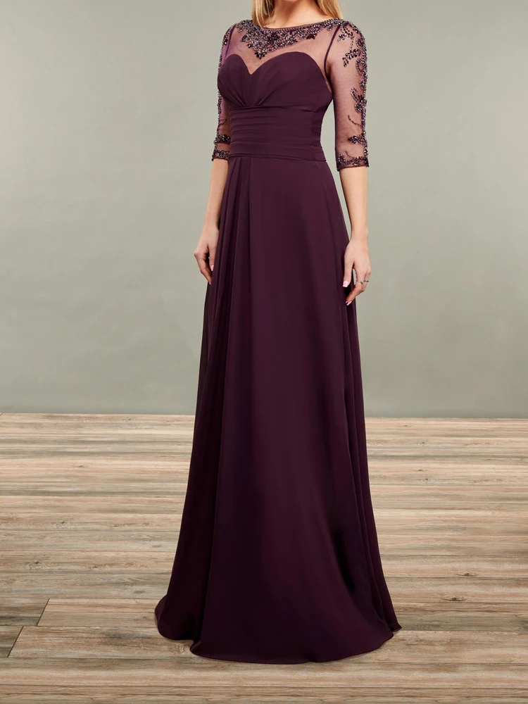 

Dark Grape Chiffon Mother of the Bride Dresses Sheer Sleeves with Beading Sequins Party Dress