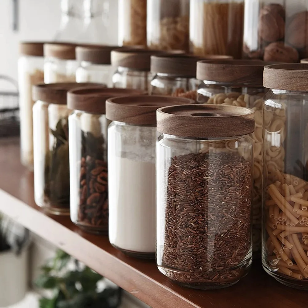 Glass Storage Bottle Container Wooden Lid Sealed Moisture-proof Jar Coffee Bean Pasta Grain Oatmeal Kitchen | Дом и сад