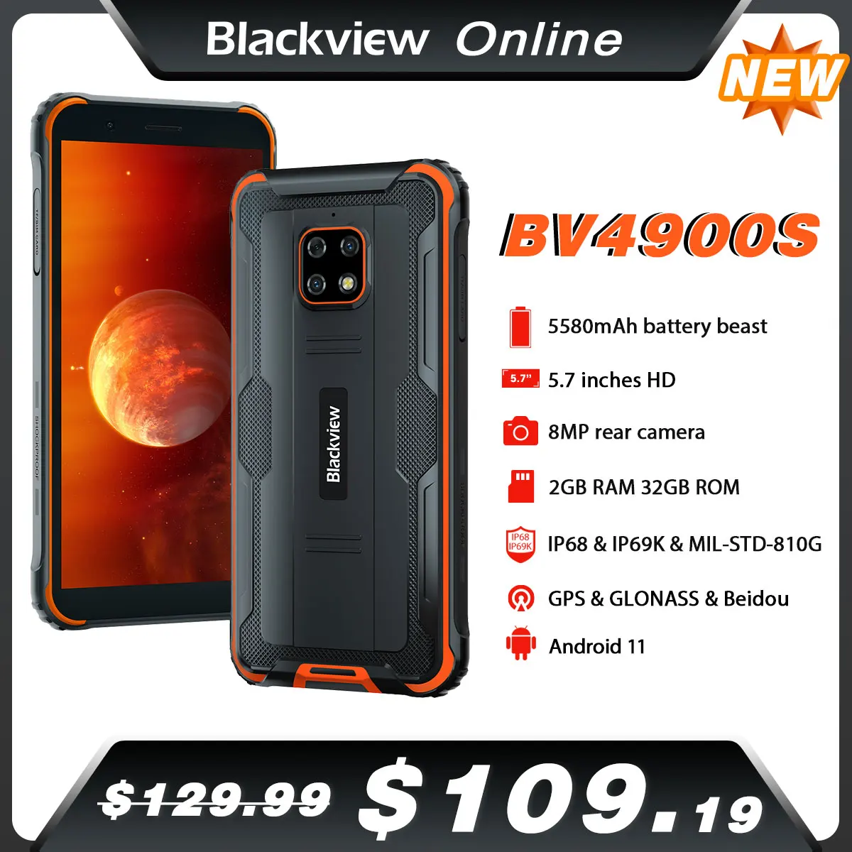 

Blackview BV4900s Cell phone IP68 Waterproof 5580mah Android 11 Smartphone 5.7" 2GB 32GB Octa Core Rugged Mobile Phones Celular