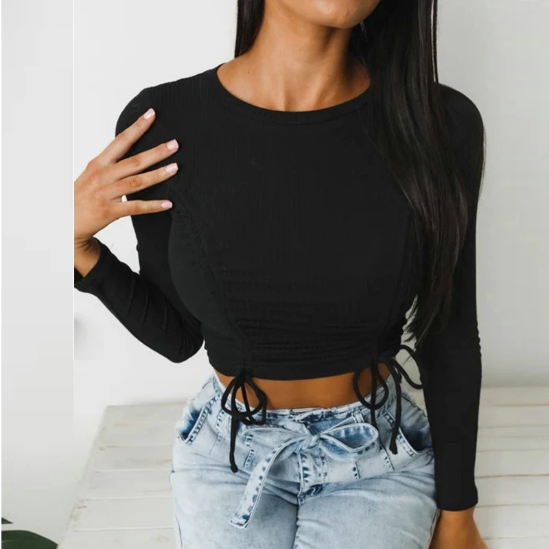 Autumn Women's Sexy Solid Color Knitted Bodycon Short T-shirt O-Neck Long Sleeve Shrinkage Drawstring Tops White Black T Shirt
Autumn Women's Sexy Solid Color Knitted Bodycon Short T-shirt O-Neck Long Sleeve Shrinkage Drawstring Tops White Black T Shirt