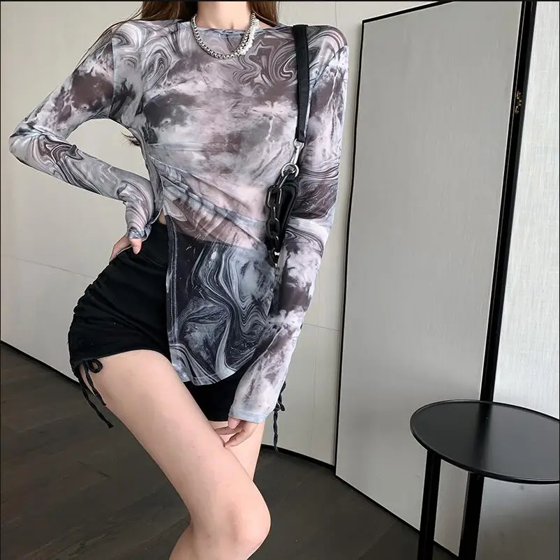 Tie dye top women's summer thin mesh sexy Spice Girl split design slim sunscreen long sleeve T-shirt
Tie dye top women's summer thin mesh sexy Spice Girl split design slim sunscreen long sleeve T-shirt