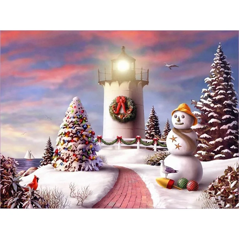 Алмазная вышивка картина с изображением маяков снеговика ярких зимних Стразы