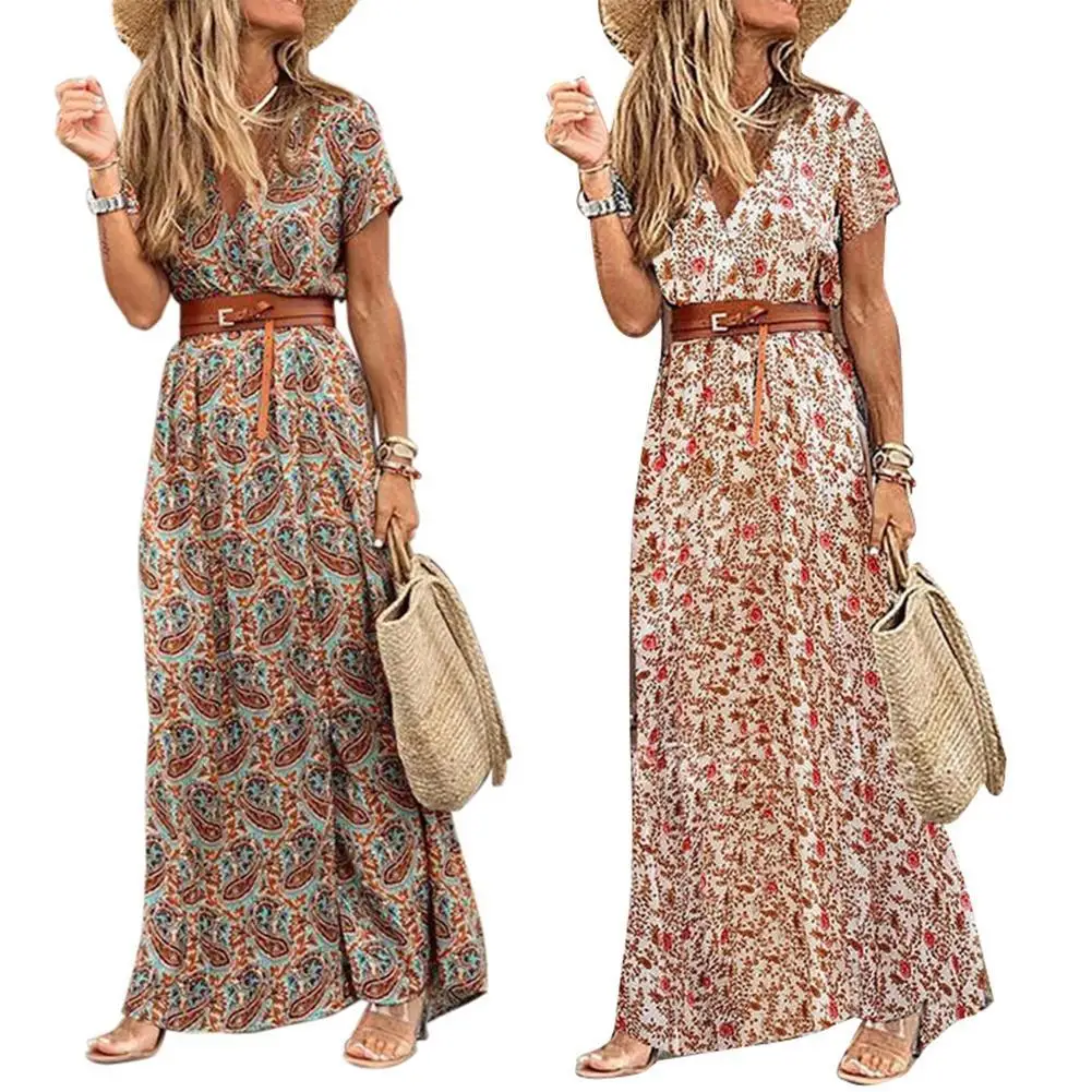 Fashion Boho Dress Long Dress Women Casual V Neck Short Sleeve Retro Print Belt Hem Beach Dresses Elegant Sundress Robe Femme
Fashion Boho Dress Long Dress Women Casual V Neck Short Sleeve Retro Print Belt Hem Beach Dresses Elegant Sundress Robe Femme