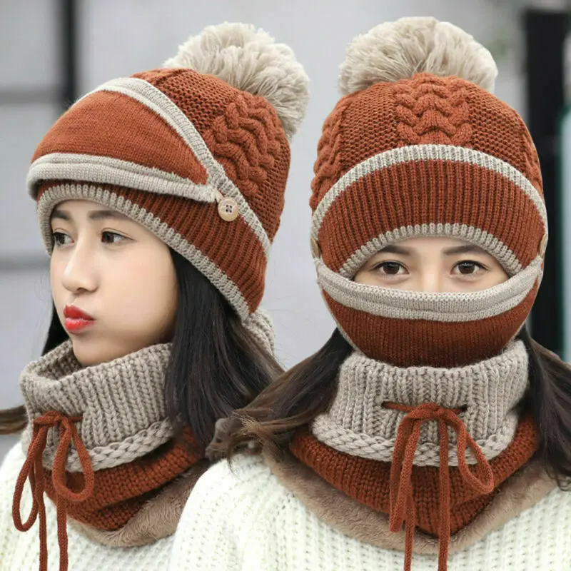 Hot Women Knitted Beanie Scarf Hat Face Mask Set Snood Neck Winter Pompom Cap Thicken CGU 88 | Аксессуары для одежды