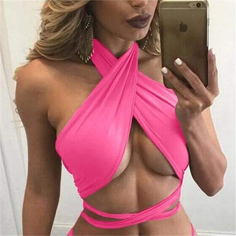 2020 Women Tank Tops Sexy Nightclub Crop Vest Solid Europe Female Cross Straps Knitted Pink Summer Halter Wrapped Chest Tops
2020 Women Tank Tops Sexy Nightclub Crop Vest Solid Europe Female Cross Straps Knitted Pink Summer Halter Wrapped Chest Tops