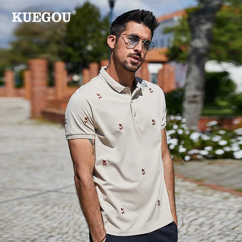 

KUEGOU Men's Polo Shirt Summer Bear Embroidery Fashion Extension High Quality Polos short sleeves Apricot Top Plus Size AT-7370