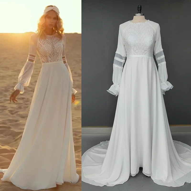 9701# Real Photo Bohemian Lace Wedding Dress O Neck Long Sleeves A Line Chiffon Sweep Train Beach Bridal Gown Robe De Mariee
9701# Real Photo Bohemian Lace Wedding Dress O Neck Long Sleeves A Line Chiffon Sweep Train Beach Bridal Gown Robe De Mariee